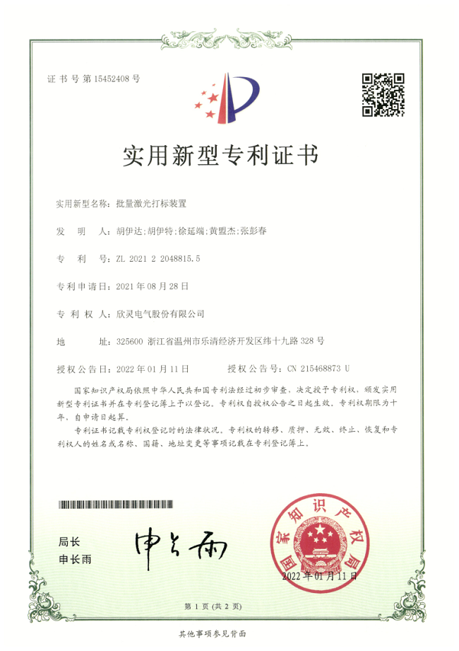 290【專(zhuān)利證書(shū)】批量激光打標裝置（實(shí)用）