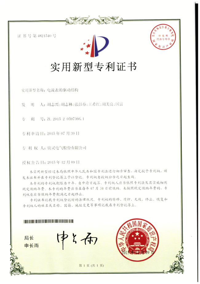 206【專(zhuān)利證書(shū)】電流表的驅動(dòng)結構（實(shí)用）